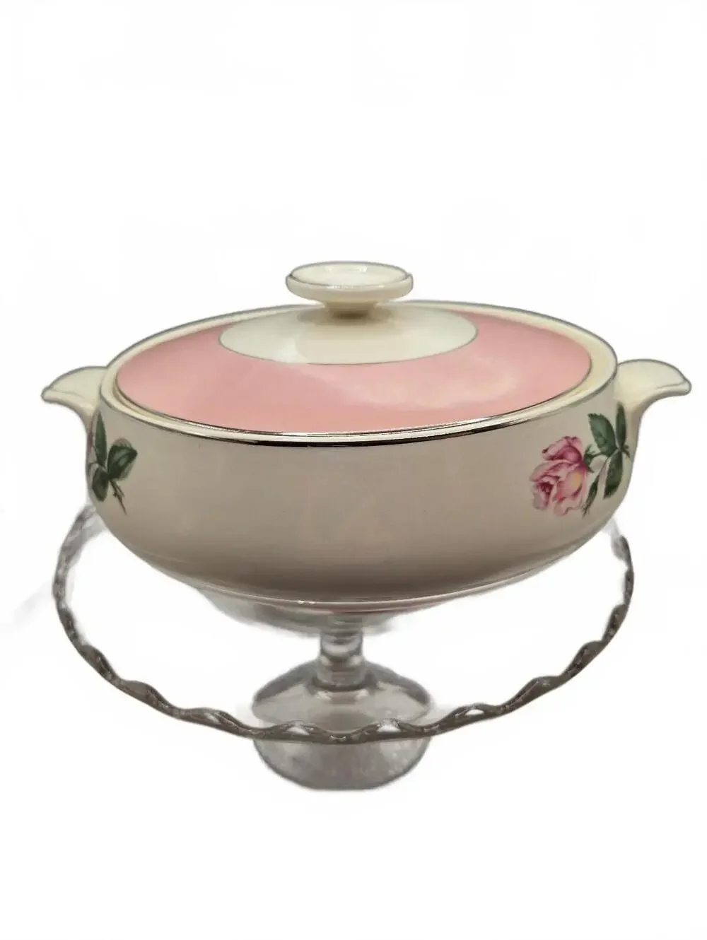 Covered Casserole Dish Vintage Lifetime Homer Laughlin Pink Rose & Platinum